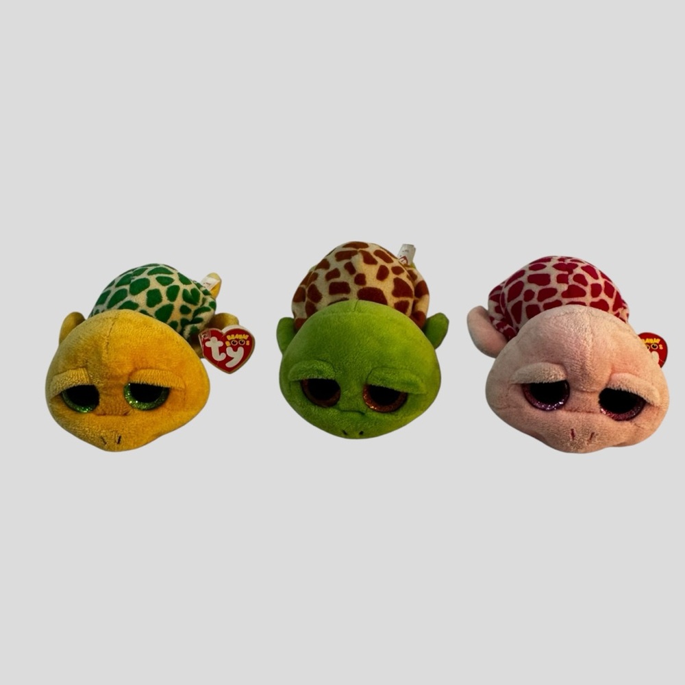 TY Beanie Boos Plush Sea Turtle Trio Green Yellow Pink Shell Big Eyes 6” Long